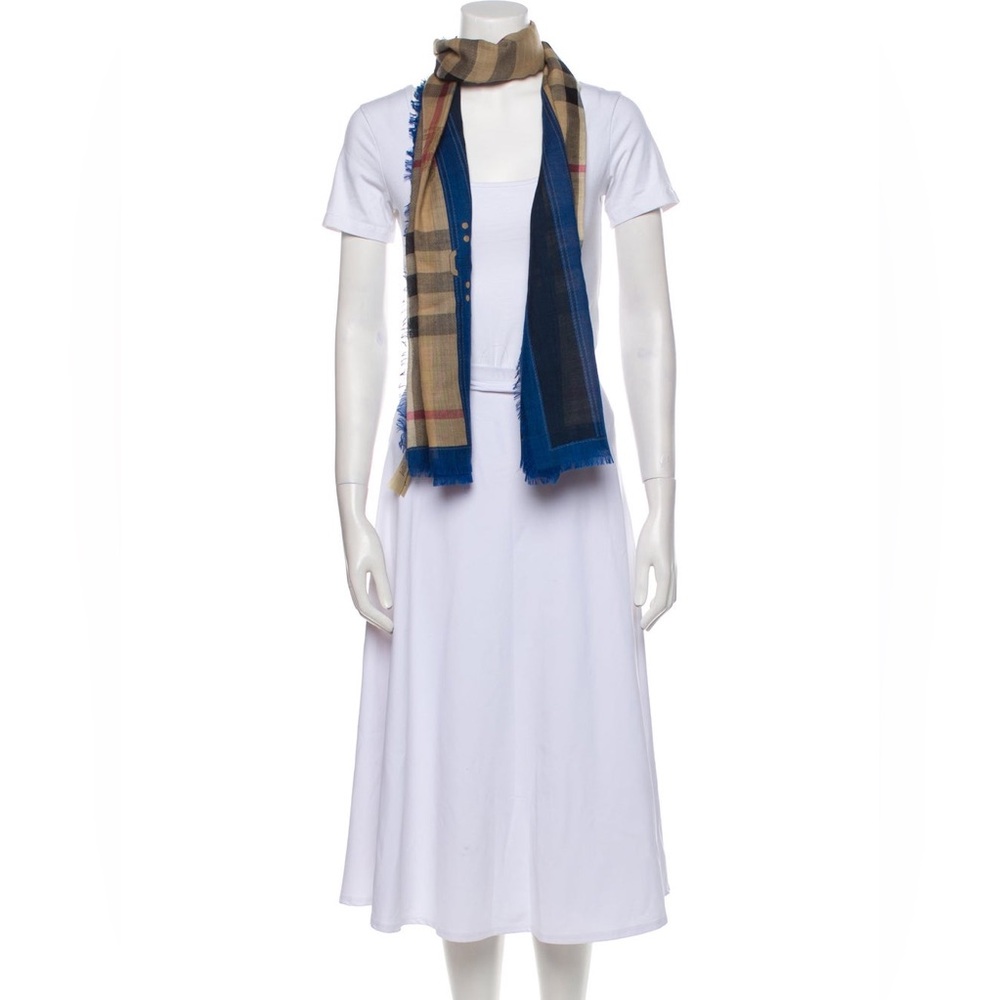Burberry Tan and Blue Checkered Scarf